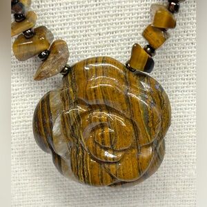 Tiger’s Eye Natural Gemstone Vickey Johnson  Necklace Carved  Flower Pendant